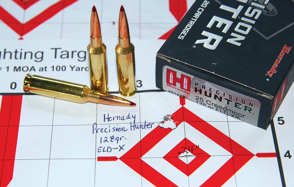 Hornady’s 128-grain ELD-X Precision Hunter factory loads proved hugely compatible with the Horizon Firearms Vandal Prime, sending three shots  into less than ¼-inch at 100 yards, and with an average muzzle velocity of 2,785 fps.